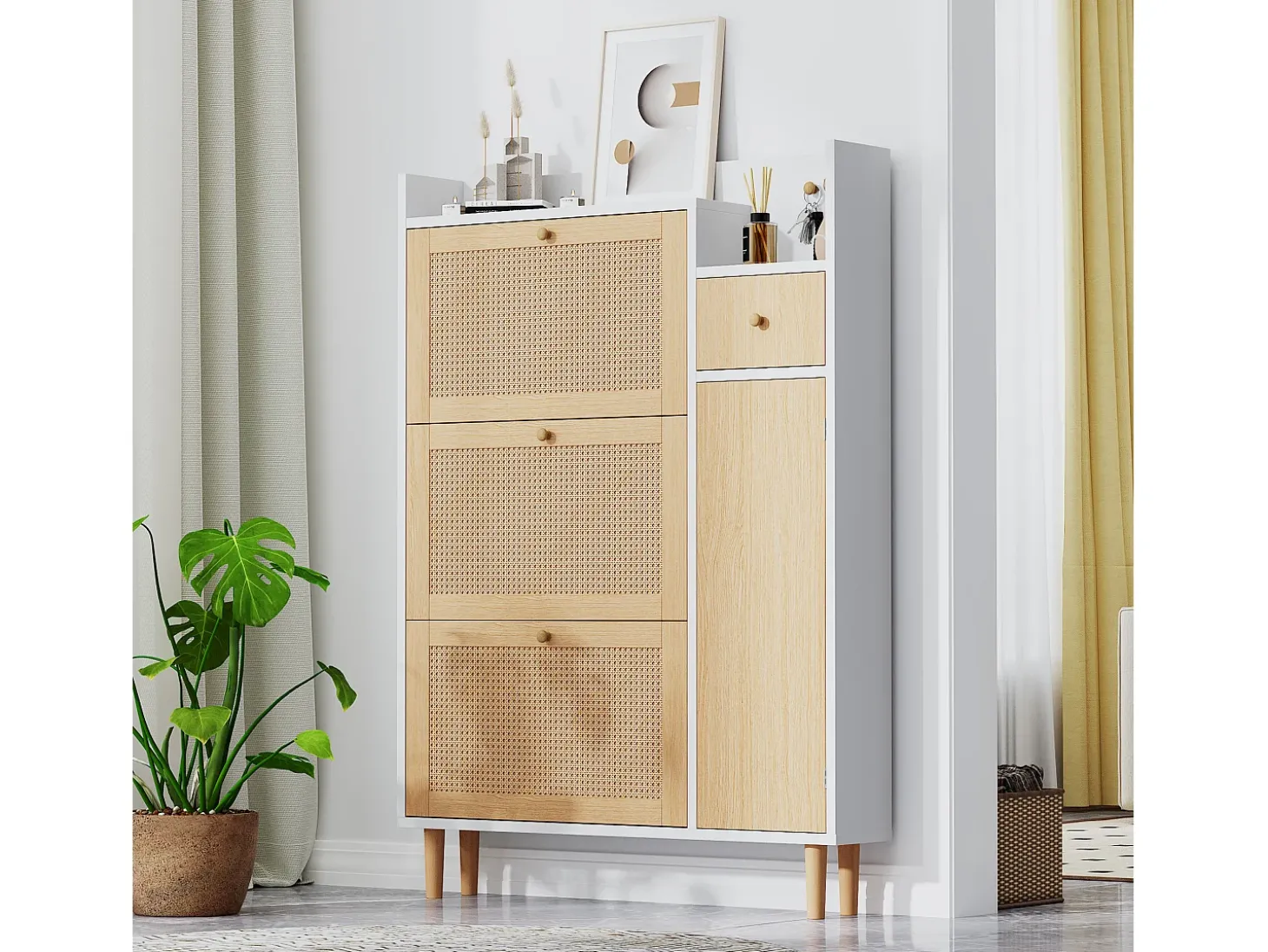 Sapateira em madeira e rattan, 3 portas e 1 gaveta, 90 x 17 x 125 cm, cor natural + branco