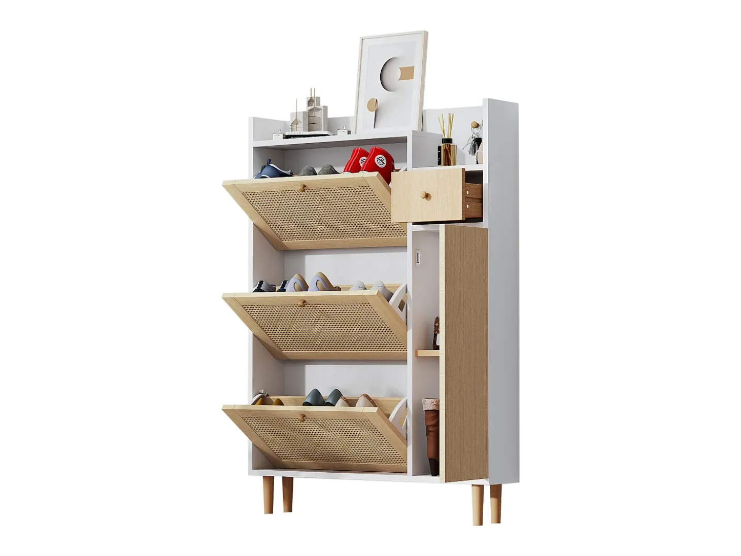 Sapateira em madeira e rattan, 3 portas e 1 gaveta, 90 x 17 x 125 cm, cor natural + branco