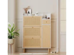 Sapateira em madeira e rattan, 3 portas e 1 gaveta, 90 x 17 x 125 cm, cor natural + branco