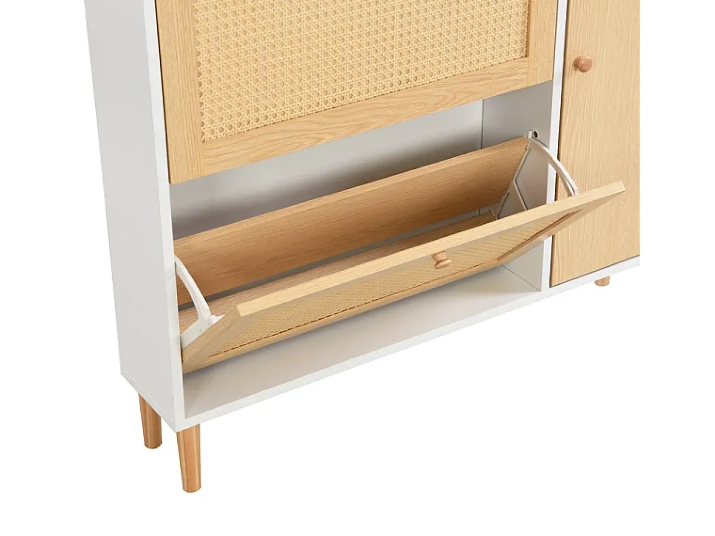 Sapateira em madeira e rattan - 3 portas de aba e 1 gaveta - prateleira ajustável - Natural & Branco