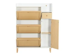 Sapateira em madeira e rattan - 3 portas de aba e 1 gaveta - prateleira ajustável - Natural & Branco