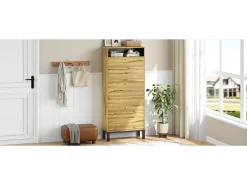 Sapateira moderna - 63 x 24 x 147 cm - com 3 portas + compartimentos adicionais - MDF - cor natural