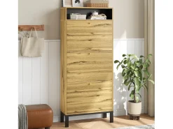 Sapateira moderna - 63 x 24 x 147 cm - com 3 portas + compartimentos adicionais - MDF - cor natural