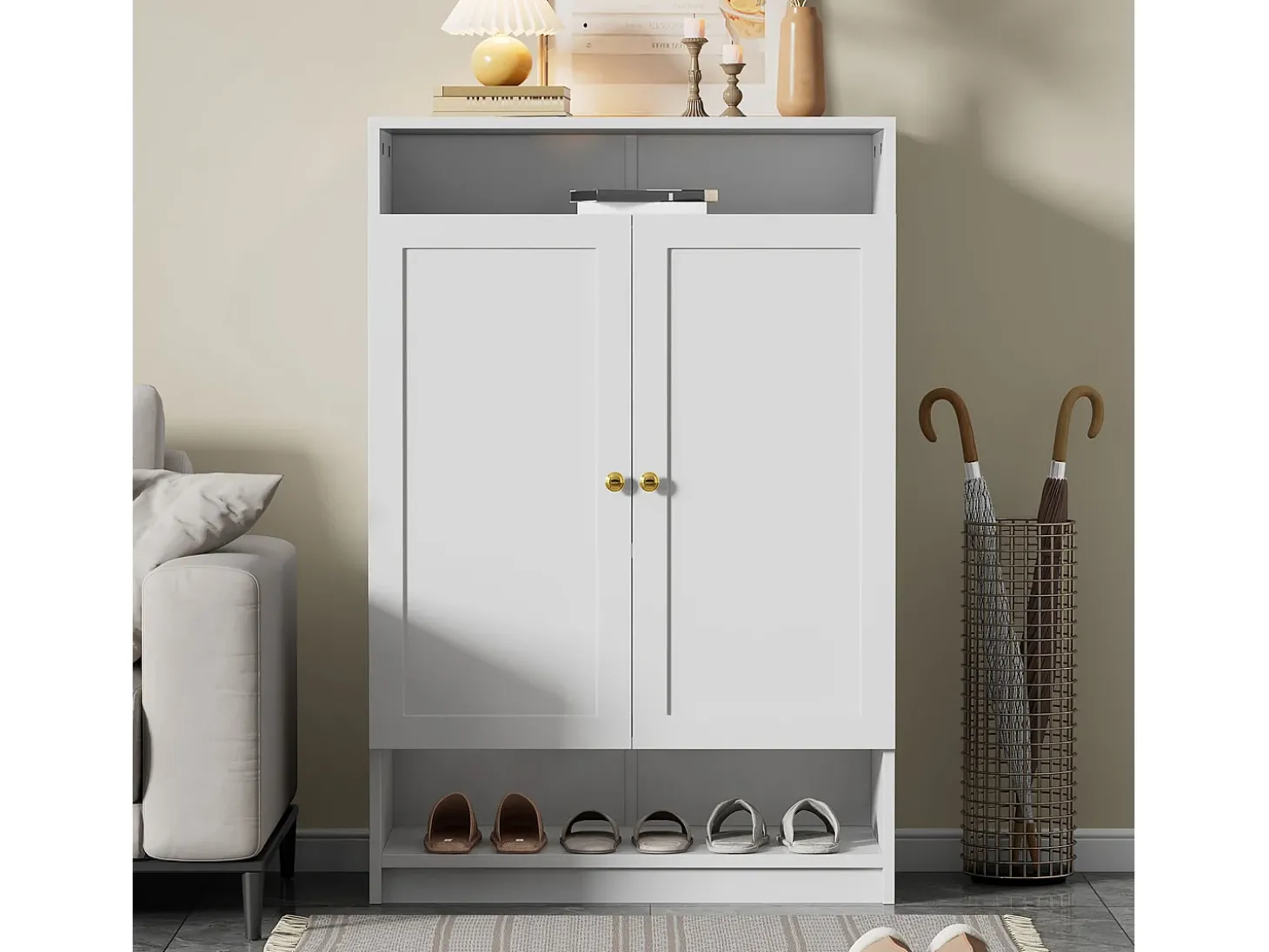 Sapateira moderna - 73 x 34 x 109 - com prateleiras ajustáveis + 2 portas - aglomerado - branco