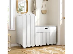 Sapateira moderna - 90 x 35 x 74,5 cm - com 3 portas + 1 gaveta + almofada de assento - MDF - branco