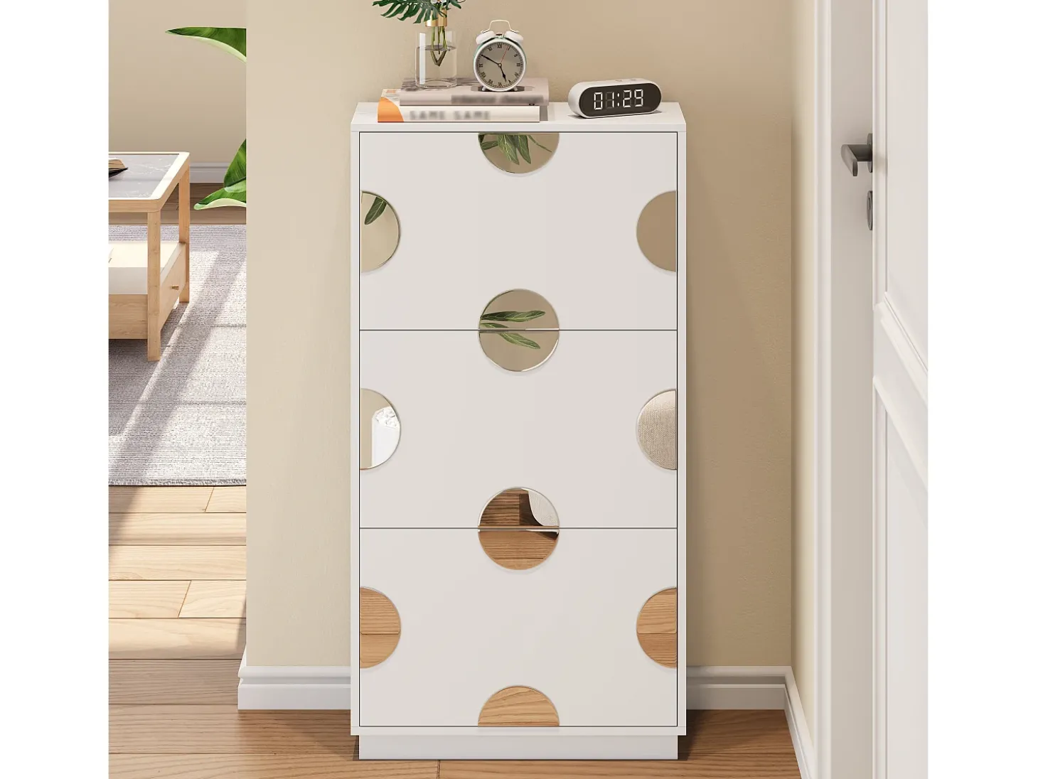 Sapateira moderna e exclusiva - 63 x 24 x 120 cm - com 3 portas + espelho redondo - MDF - branca