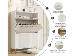 Sapateira Moderna em Madeira com 3 Portas Basculantes, Pés Metálicos Dourados e Design Anti-Queda – Armário de Sapatos Grande, Branco, 49x29x120 cm