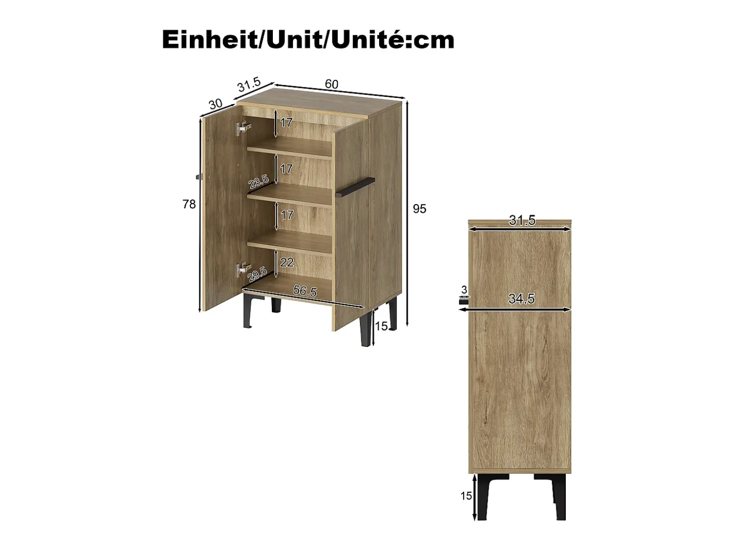 Sapateira na cor madeira com 2 portas - prateleiras ajustáveis 60 × 34,5 x 95 cm
