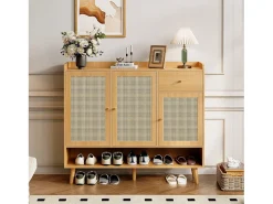 Sapateira natural com 3 portas em verga e 1 gaveta, puxador em metal 120x35x106cm