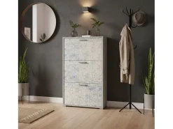 Sapateira Peonia, Móvel de entrada multiuso com 3 portas sanfonadas, Sapateira de dupla profundidade, 100% Fabricado na Itália, 67x28h112 cm, Cimento e Azul Claro