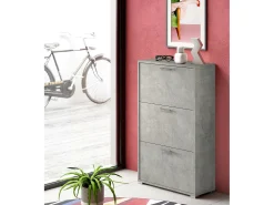 Sapateira Peonia, Móvel de entrada multiuso com 3 portas sanfonadas, Sapateira de dupla profundidade, 100% Fabricado na Itália, 67x28h112 cm, Cimento