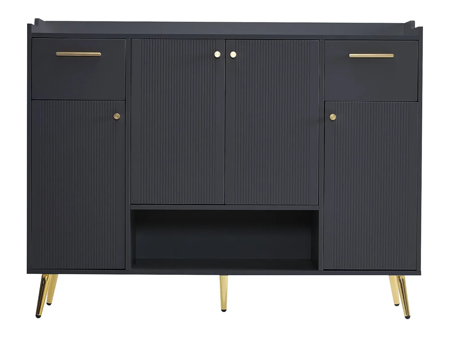 Sapateira preta com 2 gavetas e 4 portas, pés em metal 130x37x100cm