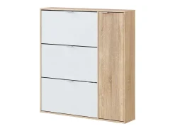 Sapateira Provo, sapateira de 4 portas, armário baixo multiuso com 5 prateleiras, sapateira moderna, 106x22h115 cm, carvalho e branco