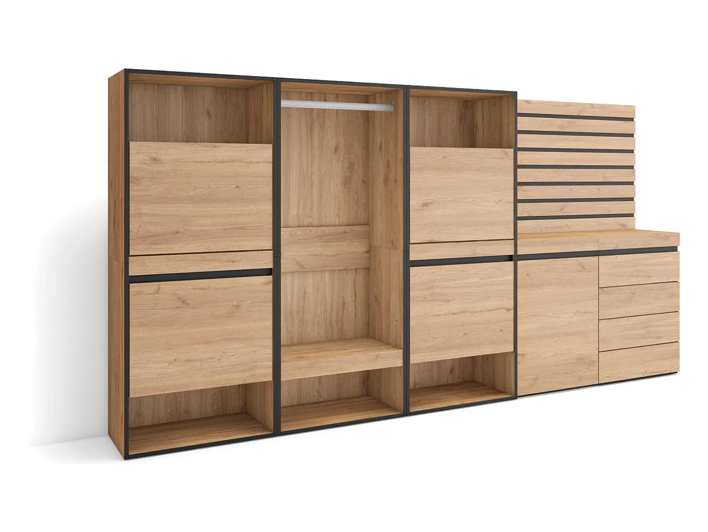 Sapateira, 287x35x145cm, Para quarto, dormitório, Roupeiro aberto, Cómoda, Tiras Deco. Madeira, Carvalho