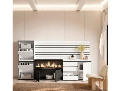 Sapateira, 274x35x145cm, Para quarto, dormitório, Lareira eléctrica XXL, Cómoda, Tiras Deco. Madeira, Branco