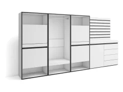 Sapateira, 287x35x145cm, Para quarto, dormitório, Roupeiro aberto, Cómoda, Tiras Deco. Madeira, Branco
