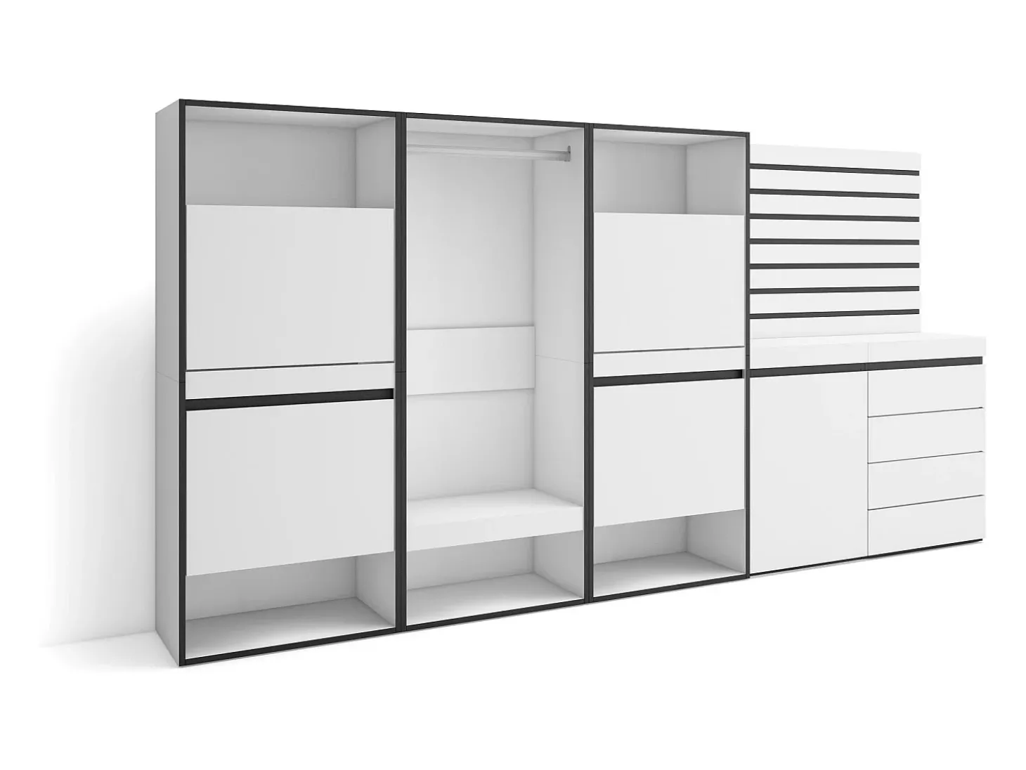 Sapateira, 287x35x145cm, Para quarto, dormitório, Roupeiro aberto, Cómoda, Tiras Deco. Madeira, Branco