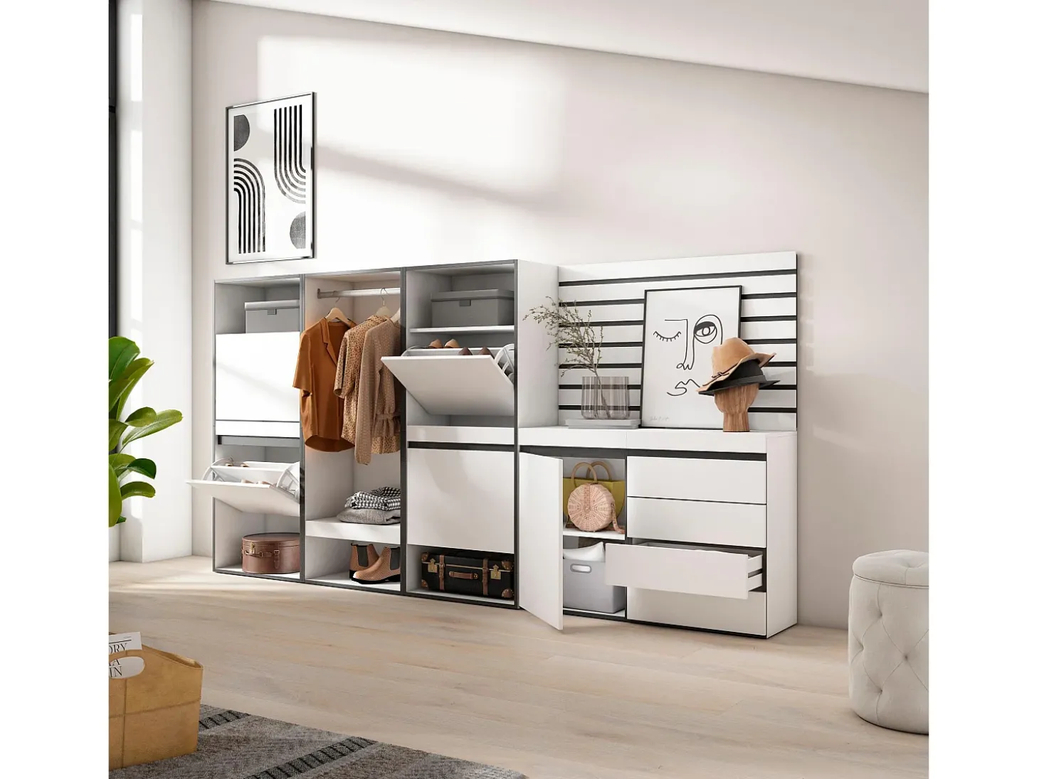 Sapateira, 287x35x145cm, Para quarto, dormitório, Roupeiro aberto, Cómoda, Tiras Deco. Madeira, Branco