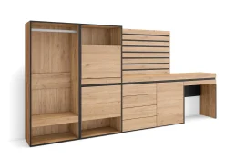 Sapateira, 297x35x145cm, Para quarto, dormitório, Roupeiro aberto, Cómoda, Tiras Deco. Madeira, Toucador, Carvalho