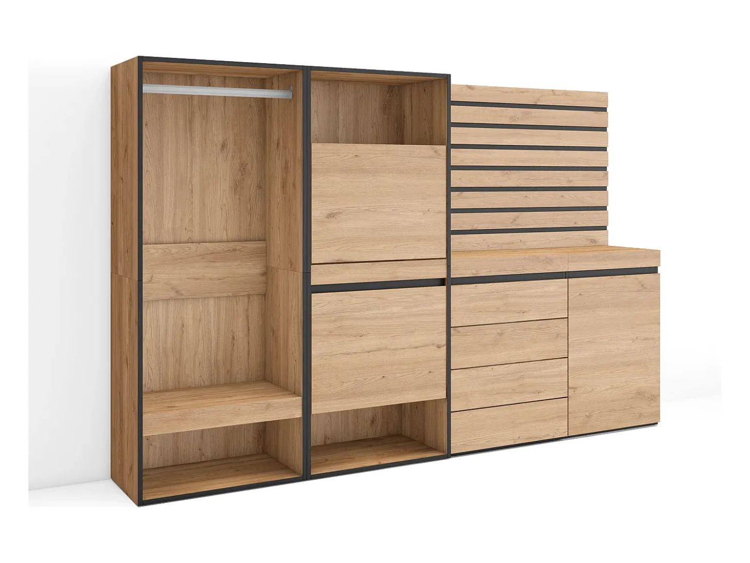 Sapateira, 227x35x145cm, Para quarto, dormitório, Roupeiro aberto, Cómoda, Tiras Deco. Madeira, Carvalho