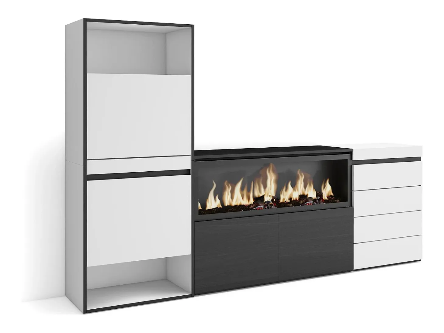 Sapateira, 224x35x145cm, Para quarto, dormitório, Lareira eléctrica XXL, Cómoda, Branco
