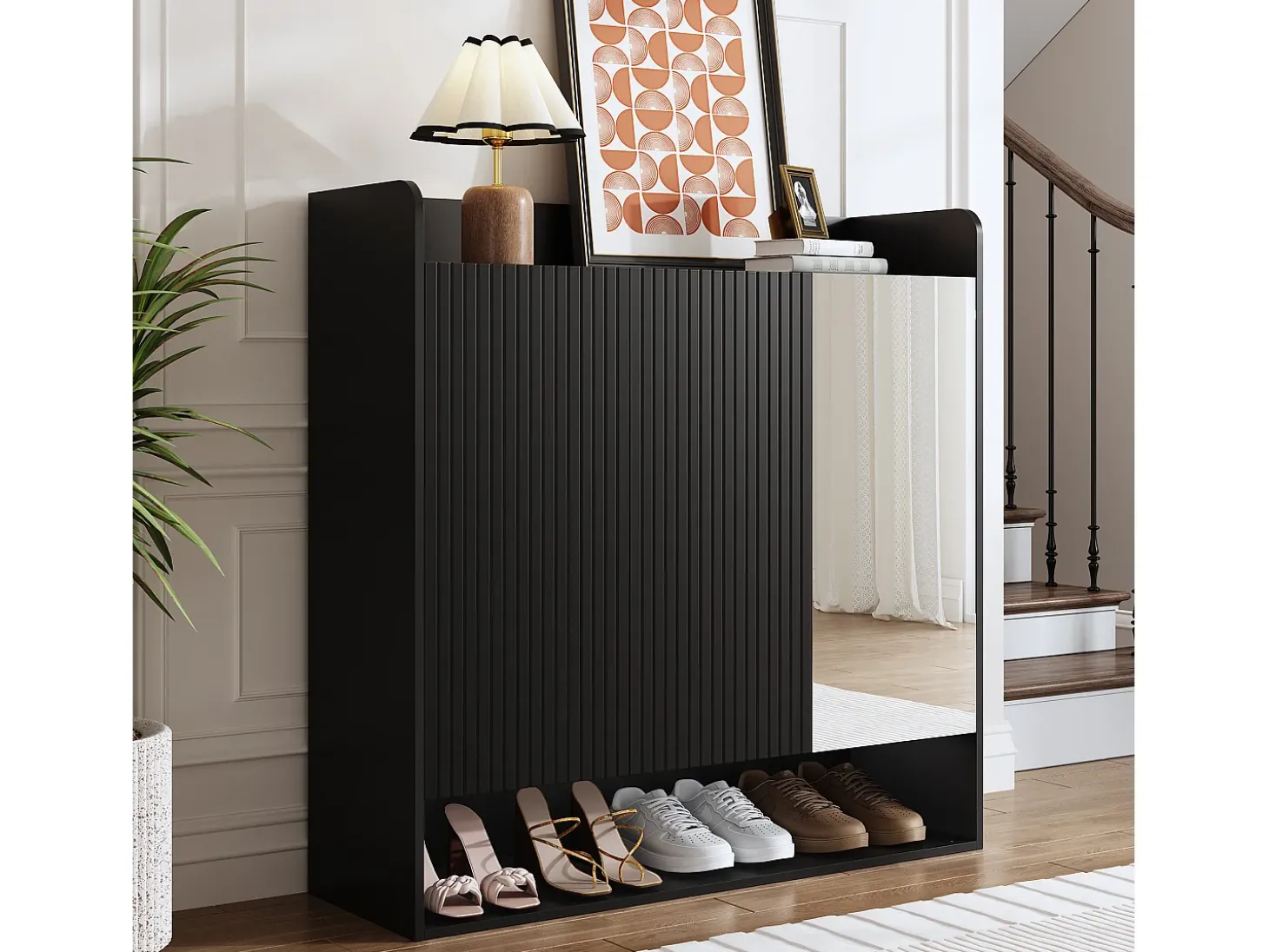 Sapateiro 110x35,5x110 cm - com espelho - com 3 portas - MDF - Preto