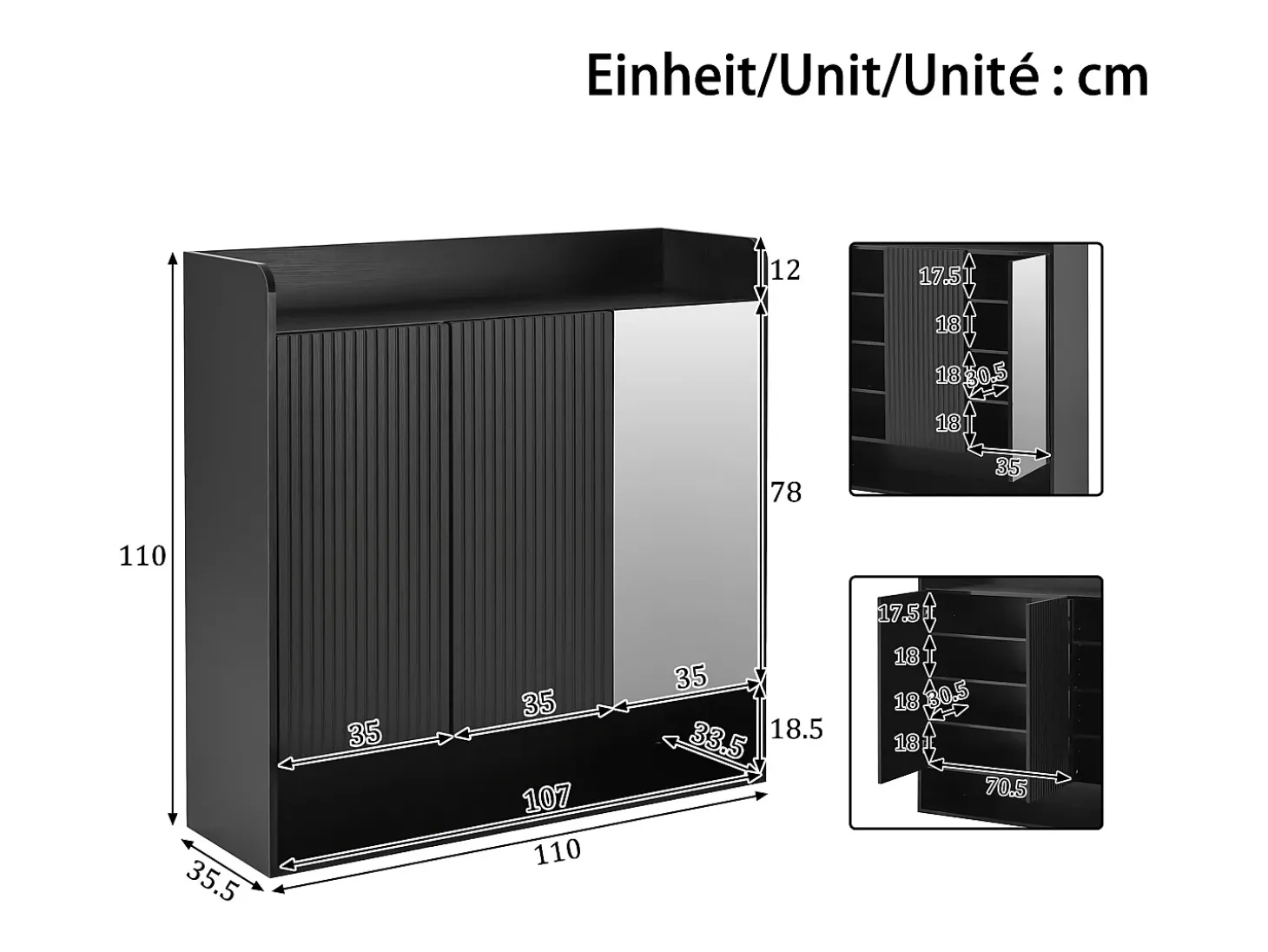 Sapateiro 110x35,5x110 cm - com espelho - com 3 portas - MDF - Preto