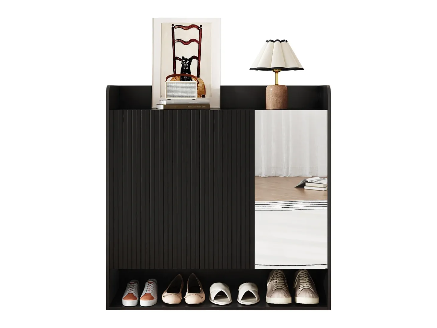 Sapateiro 110x35,5x110 cm - com espelho - com 3 portas - MDF - Preto