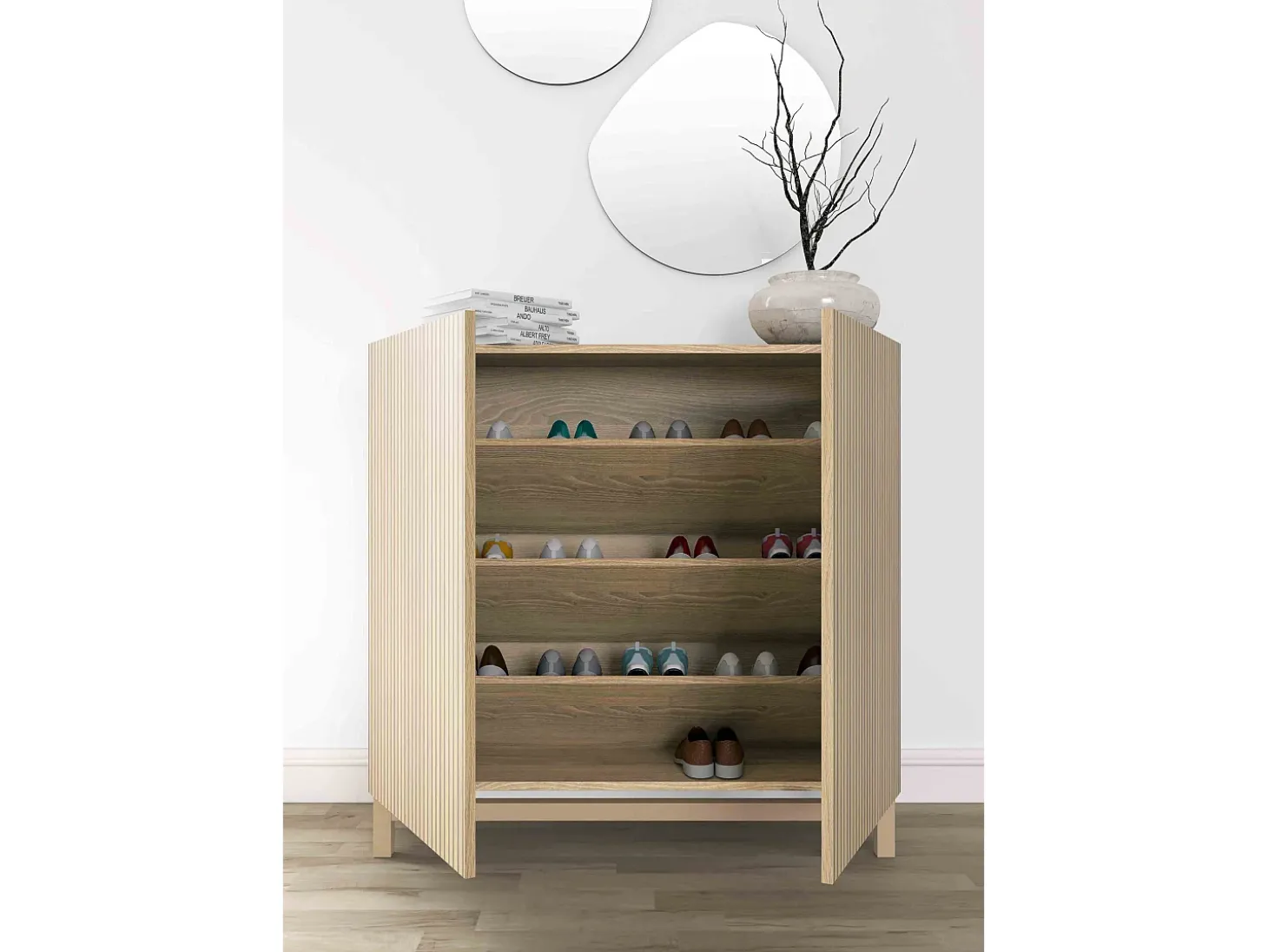 Sapateiro/Móvel organização - H90cm x L90cm x P27cm chêne portas impression serrado - Hanko