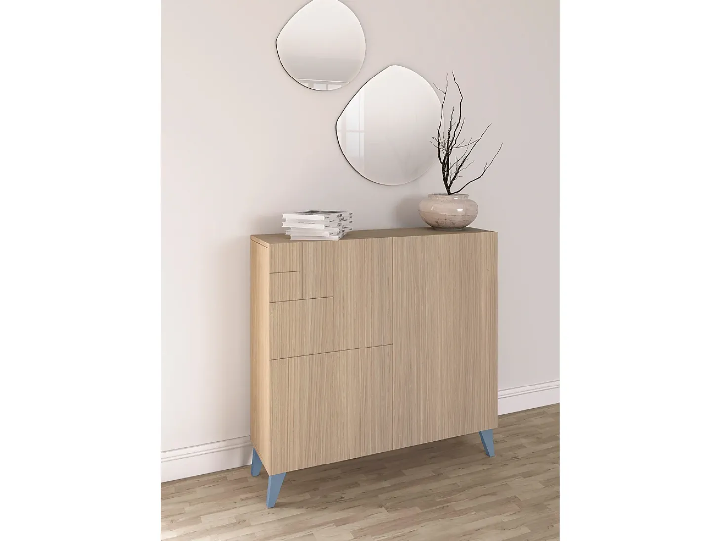 Sapateiro/Móvel organização - H87cm x L90cm x P27cm nogueira clara pernas azul - Bergen