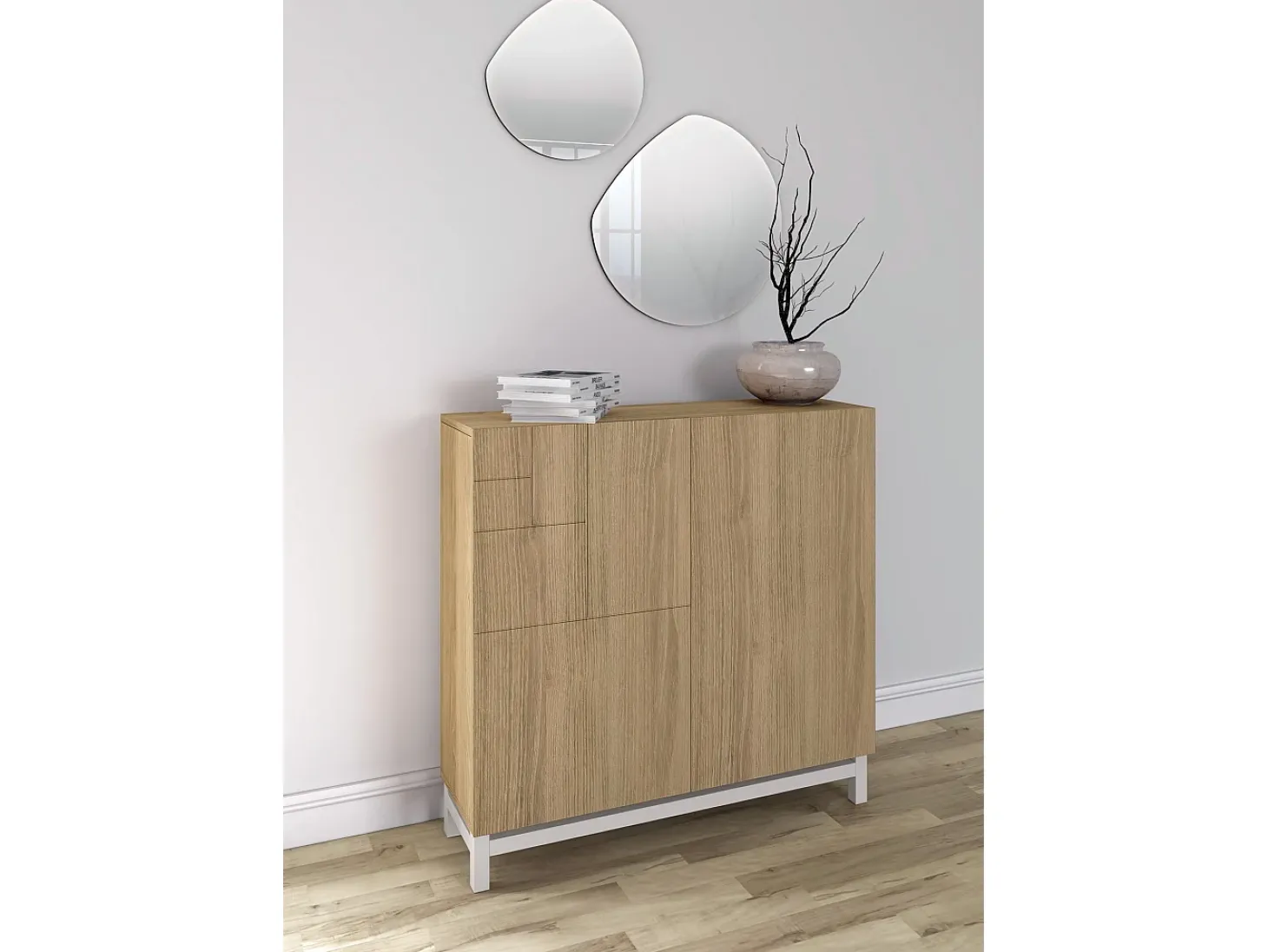 Sapateiro/Móvel organização - H90cm x L90cm x P27cm carvalho dourado pernas branco - Copenhague