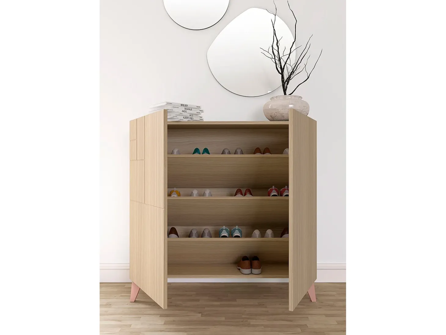 Sapateiro/Móvel organização - H87cm x L90cm x P27cm nogueira clara pernas rose - Bergen