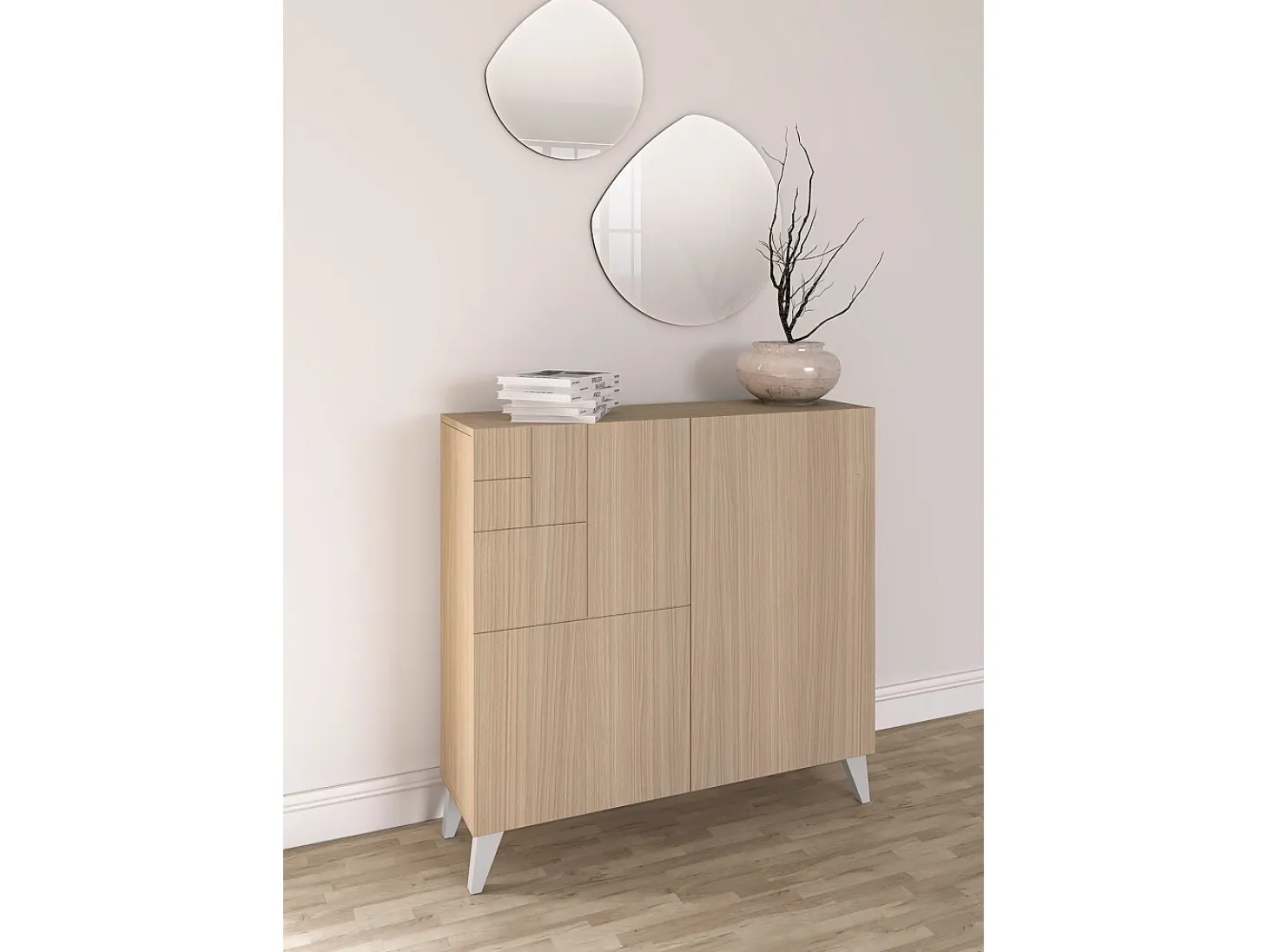 Sapateiro/Móvel organização - H87cm x L90cm x P27cm nogueira clara pernas branco - Bergen