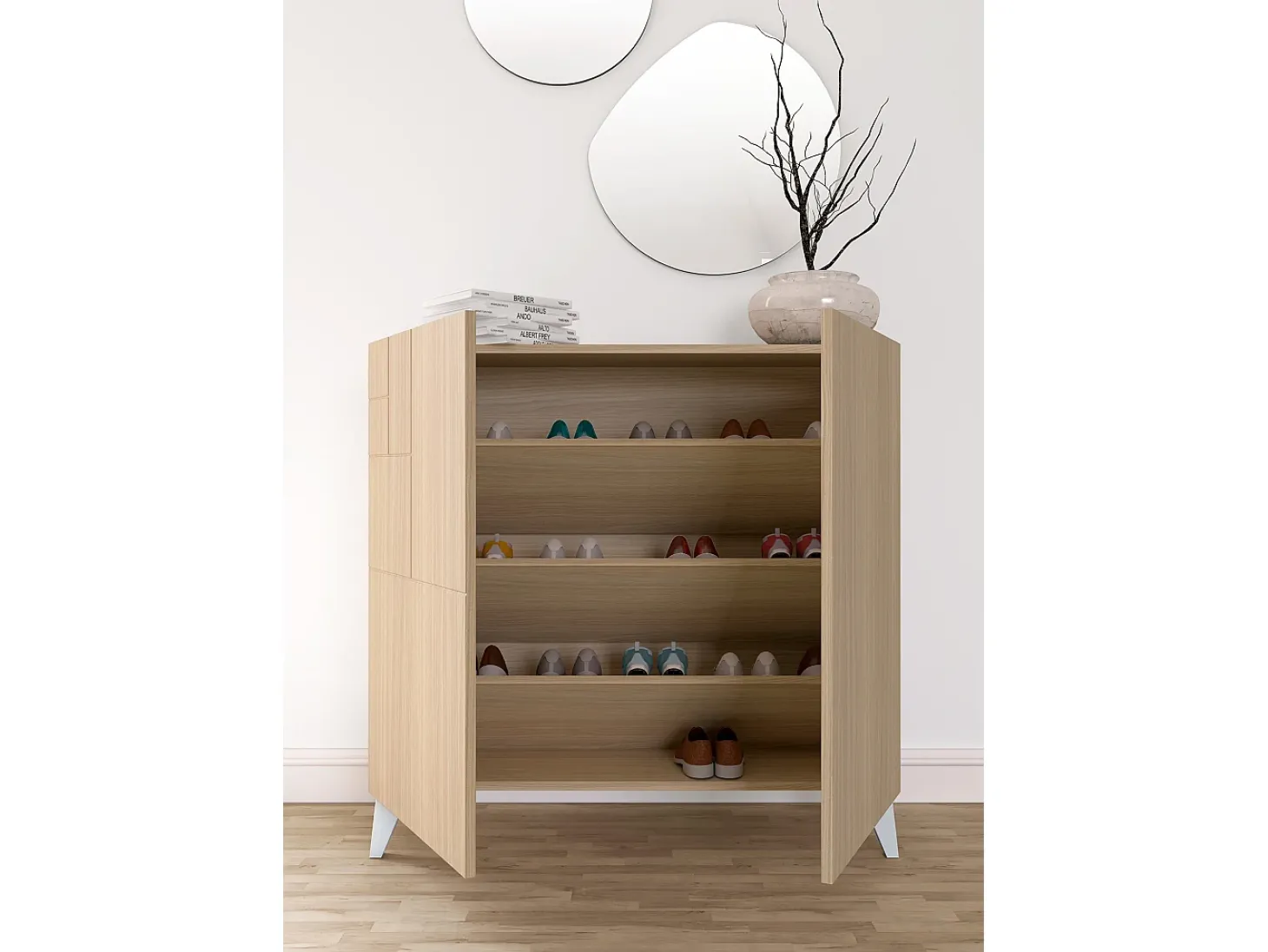 Sapateiro/Móvel organização - H87cm x L90cm x P27cm nogueira clara pernas branco - Bergen