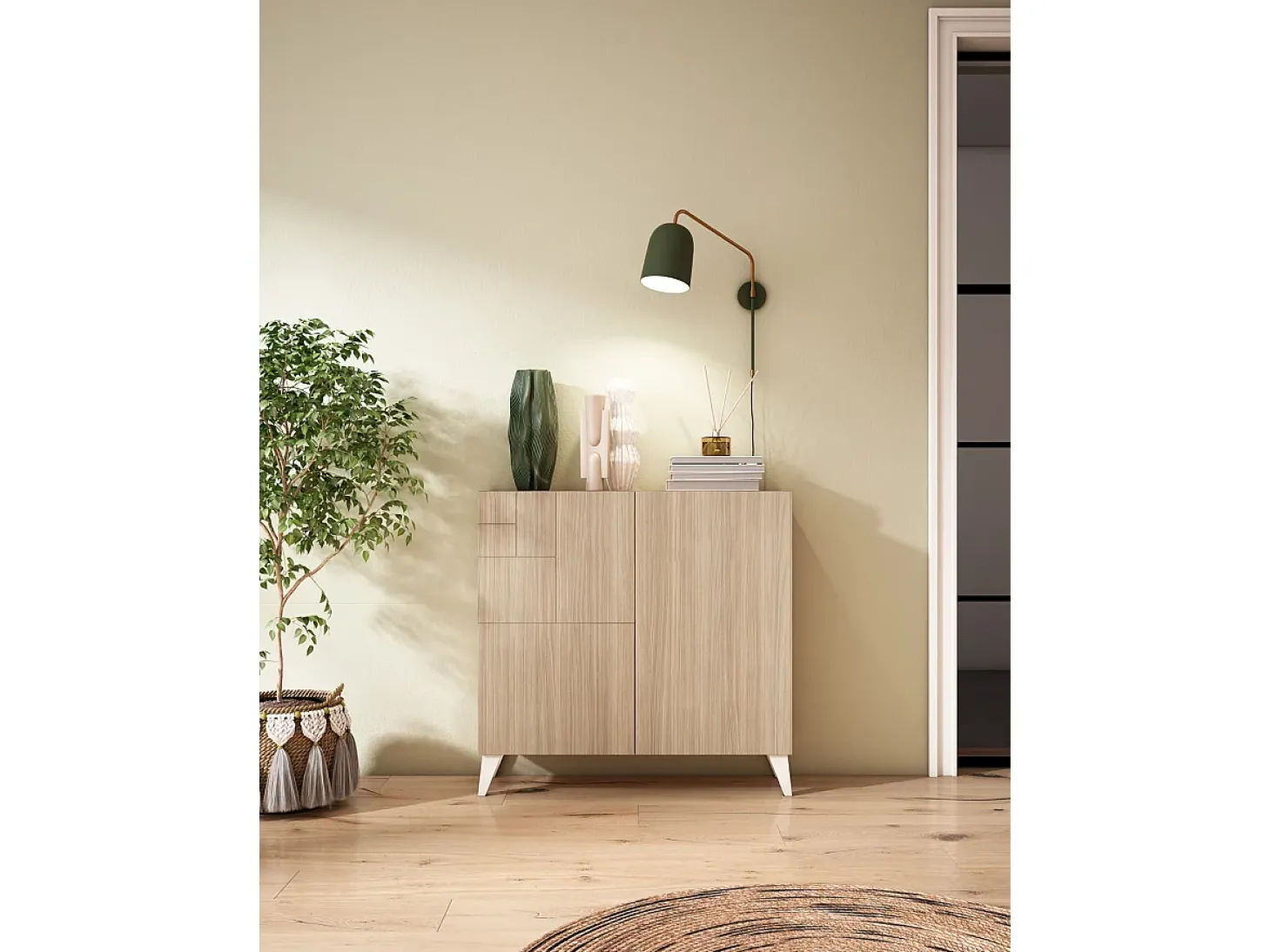 Sapateiro/Móvel organização - H87cm x L90cm x P27cm nogueira clara pernas branco - Bergen