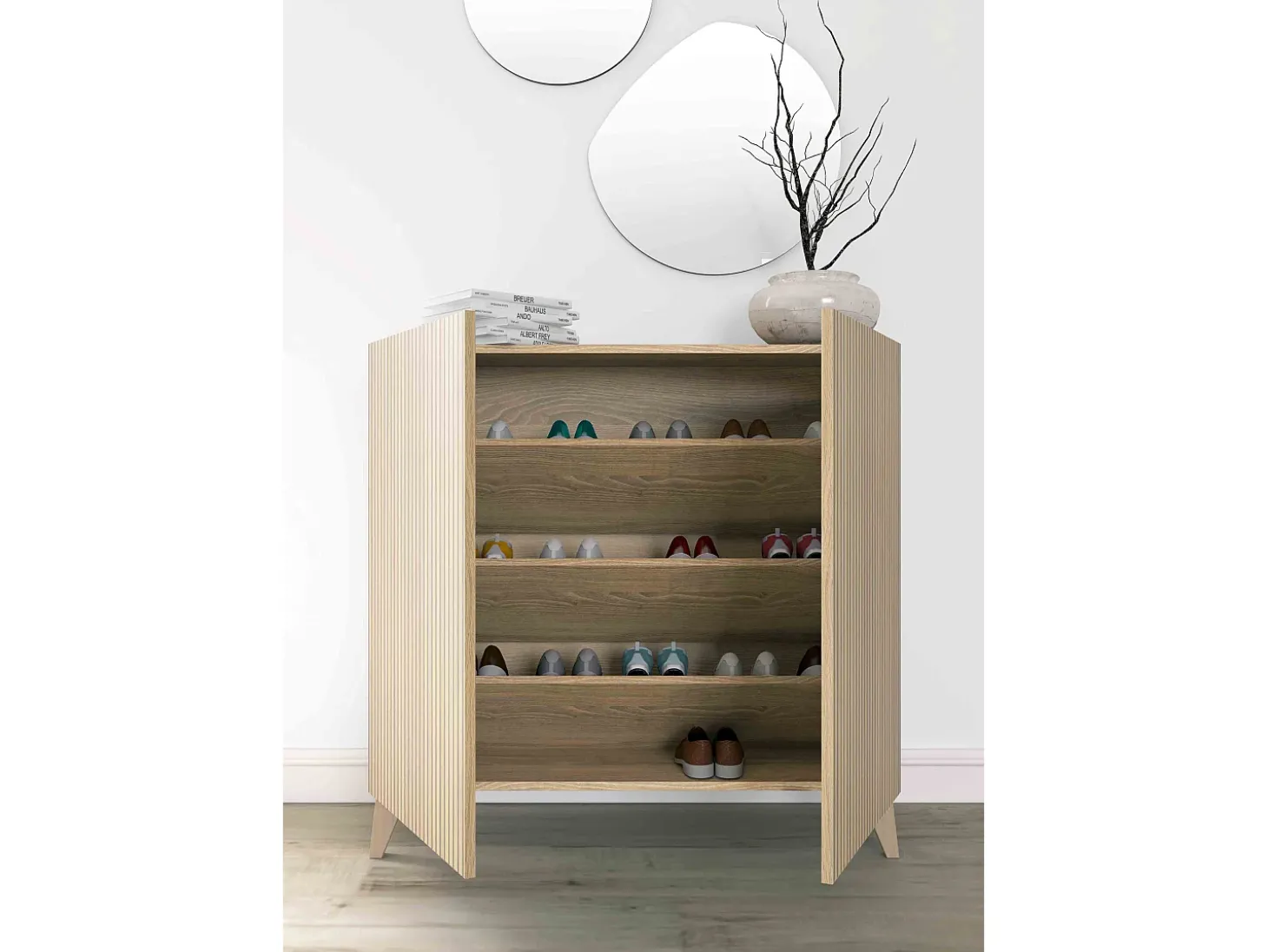 Sapateiro/Móvel organização - H87cm x L90cm x P27cm chêne portas impression serrado - Sunne