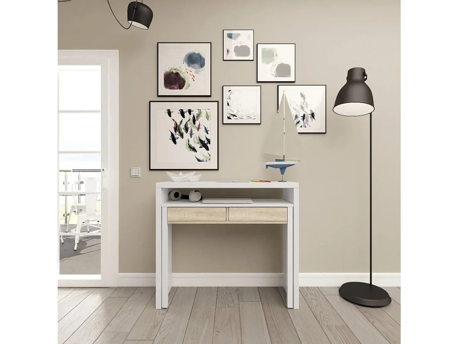 Secretária Billings, Secretária com tampo extensível, Secretária para PC com 2 gavetas, 99x36h88 cm, Branco e Carvalho
