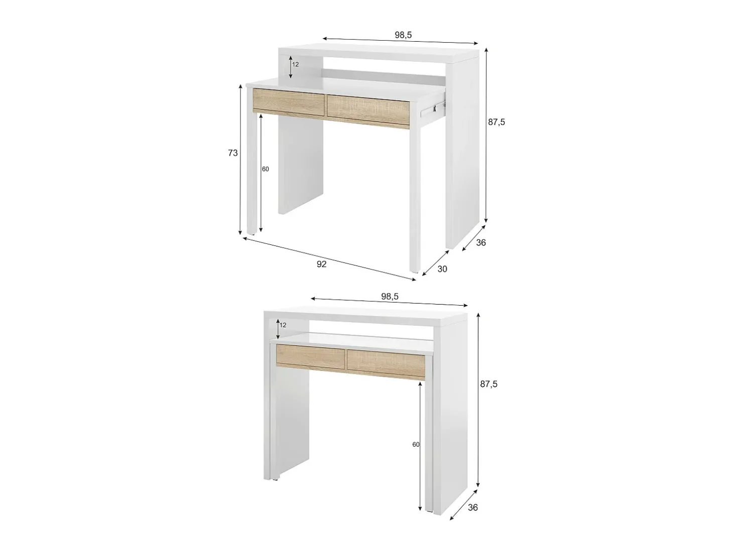 Secretária Billings, Secretária com tampo extensível, Secretária para PC com 2 gavetas, 99x36h88 cm, Branco e Carvalho
