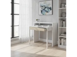 Secretária Billings, Secretária com tampo extensível, Secretária para PC com 2 gavetas, 99x36h88 cm, Branco e Carvalho
