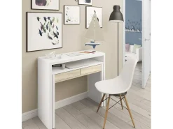 Secretária Billings, Secretária com tampo extensível, Secretária para PC com 2 gavetas, 99x36h88 cm, Branco e Carvalho