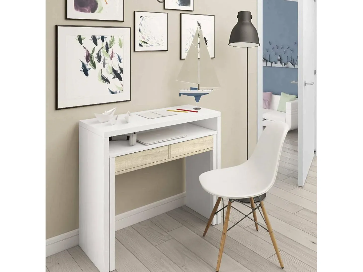 Secretária Billings, Secretária com tampo extensível, Secretária para PC com 2 gavetas, 99x36h88 cm, Branco e Carvalho