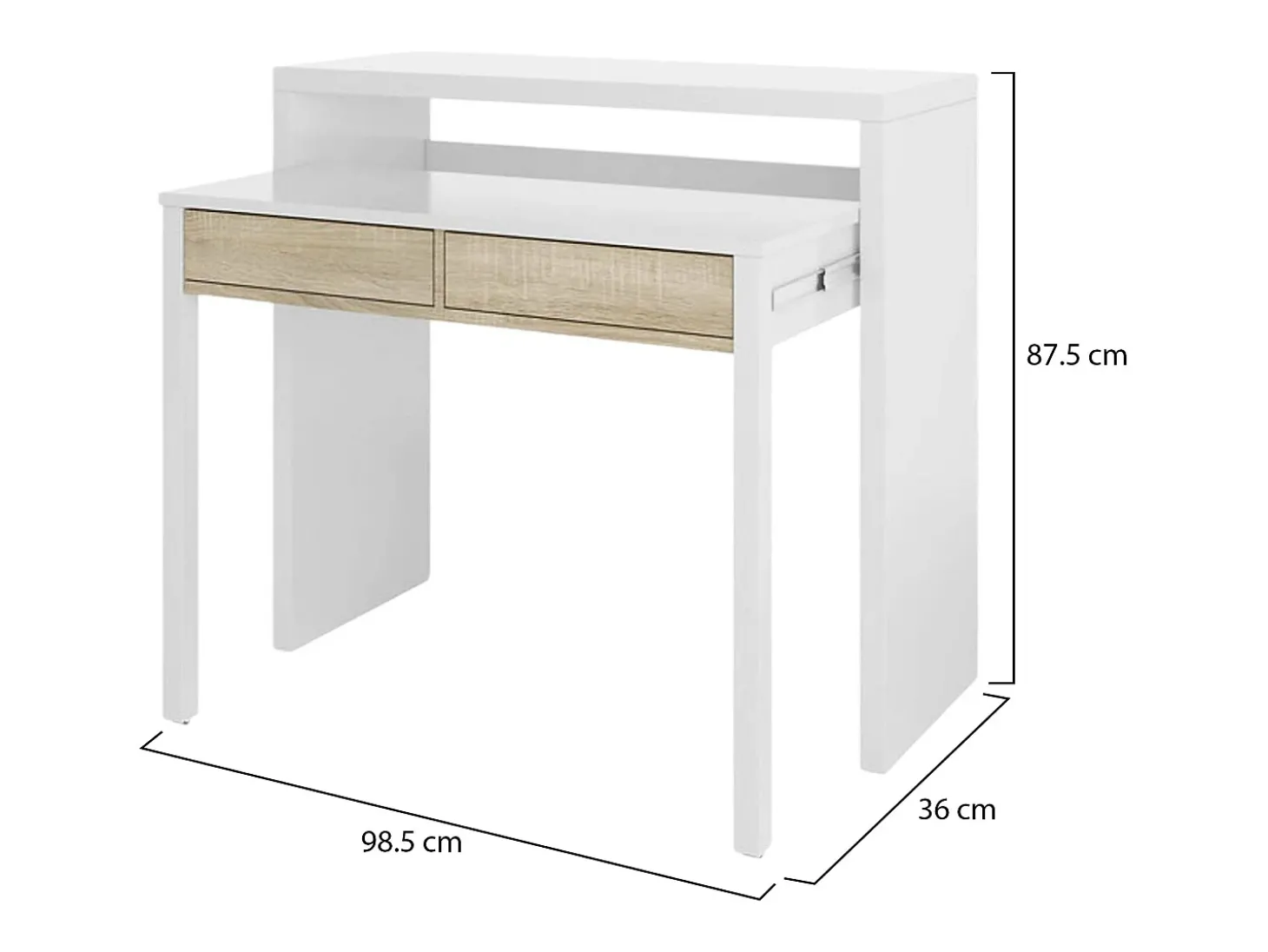 Secretária Billings, Secretária com tampo extensível, Secretária para PC com 2 gavetas, 99x36h88 cm, Branco e Carvalho