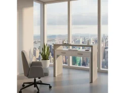 Secretária Billings, Secretária com tampo extensível, Secretária PC com 2 gavetas, 99x36h88 cm, Cimento e Branco