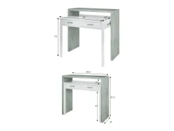 Secretária Billings, Secretária com tampo extensível, Secretária PC com 2 gavetas, 99x36h88 cm, Cimento e Branco