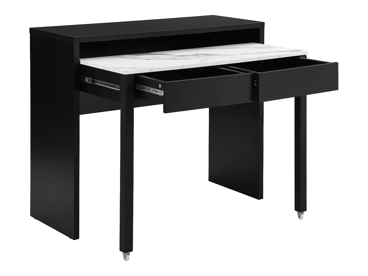 Secretária consola extensível com 2 gavetas preto e efeito mármore branco - LOAVIA