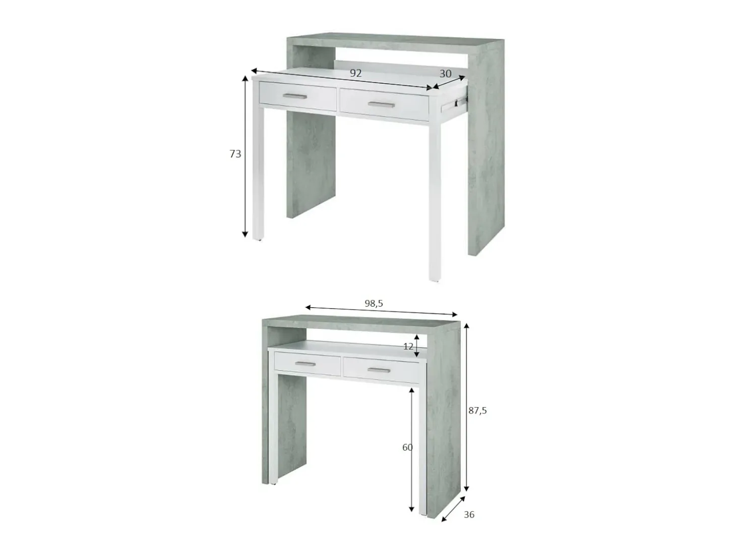 Secretária Damodi, Secretária com tampo extensível, Secretária PC com 2 gavetas, 99x36h88 cm, Cimento e Branco