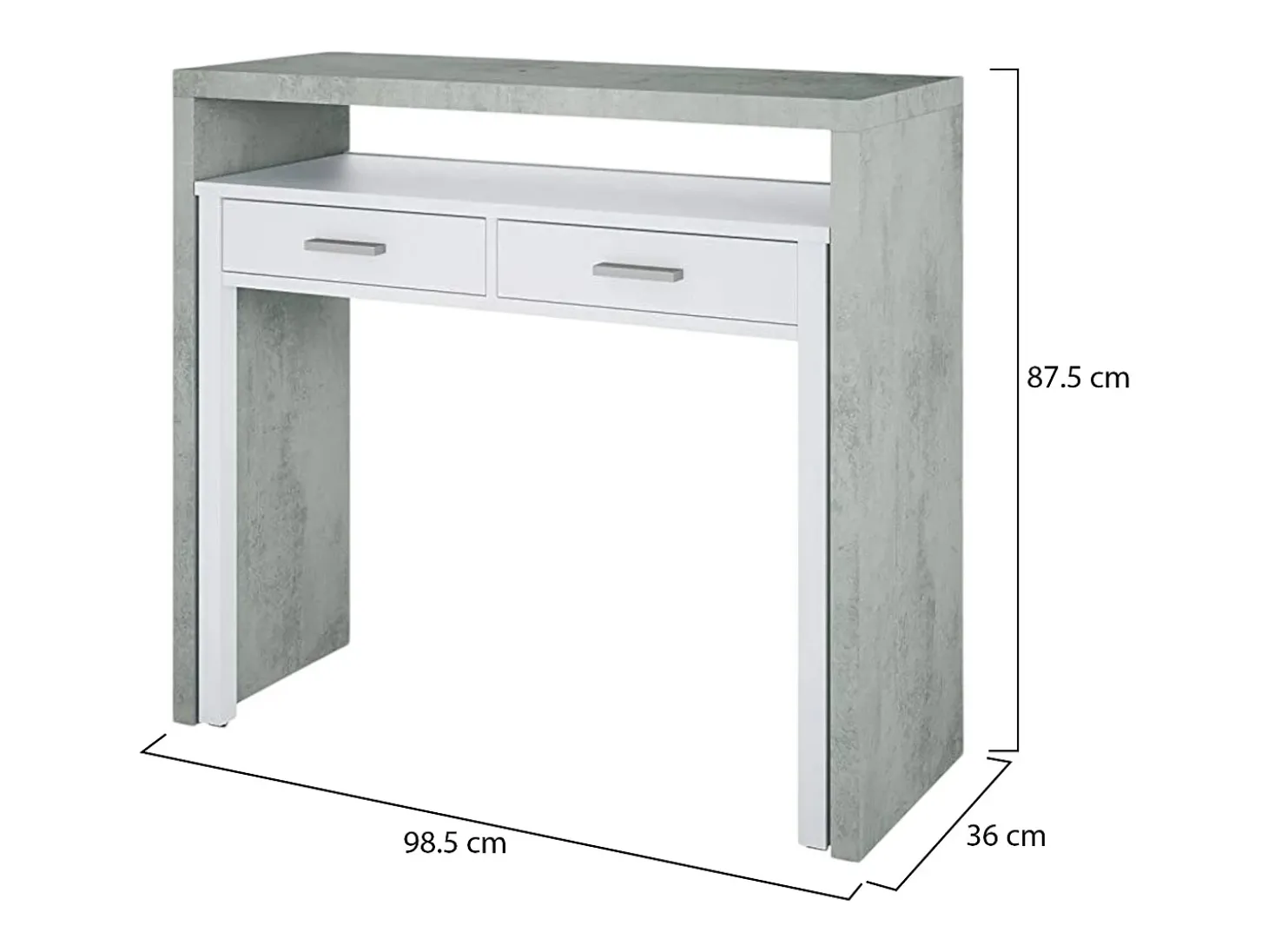 Secretária Damodi, Secretária com tampo extensível, Secretária PC com 2 gavetas, 99x36h88 cm, Cimento e Branco