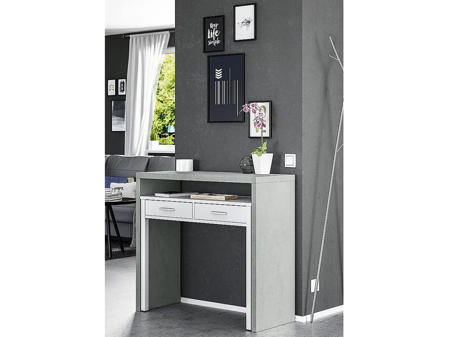 Secretária Damodi, Secretária com tampo extensível, Secretária PC com 2 gavetas, 99x36h88 cm, Cimento e Branco