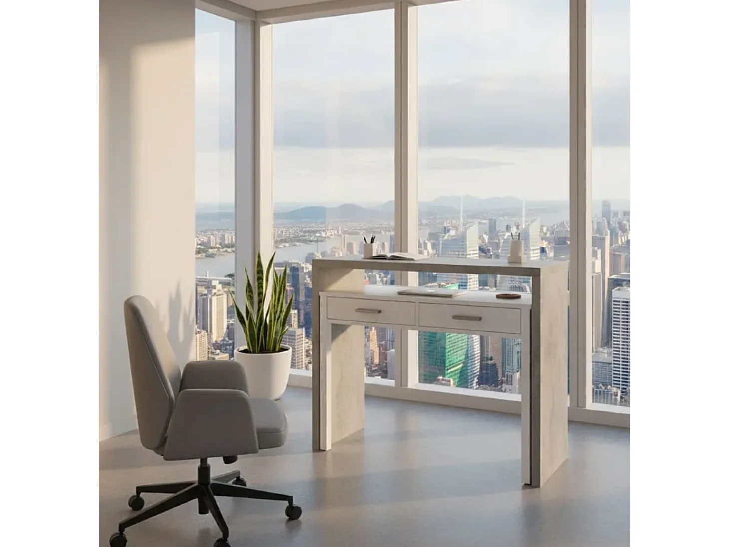 Secretária Damodi, Secretária com tampo extensível, Secretária PC com 2 gavetas, 99x36h88 cm, Cimento e Branco