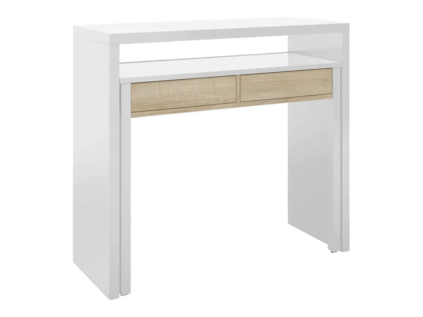 Secretária Damodi, Secretária com tampo extensível, Secretária para PC com 2 gavetas, 99x36h88 cm, Branco e Carvalho